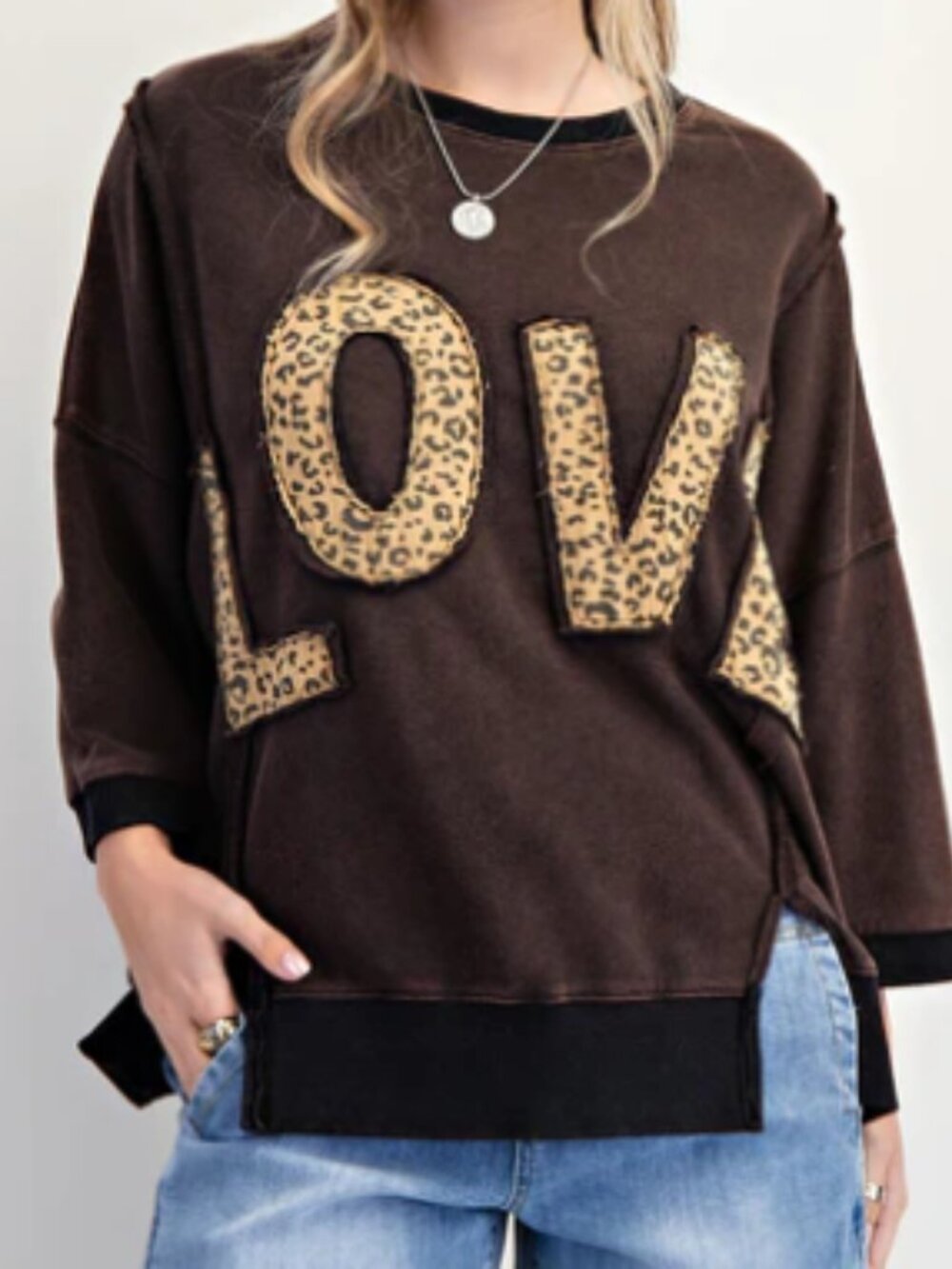 E15B Easel Leopard Love Patch Washed Black Terry Pullover Plus Size